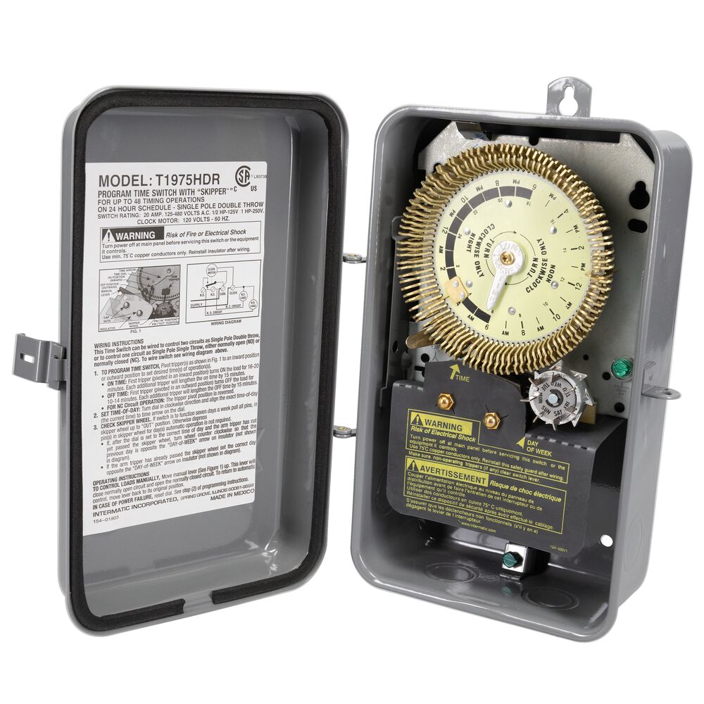 24-Hour Heavy-Duty Metal Dial Mechanical Time Switch with Skip-a-Day, 125 VAC, 60Hz, SPDT, Outdoor Metal Enclosure, 15 Minute Interval
