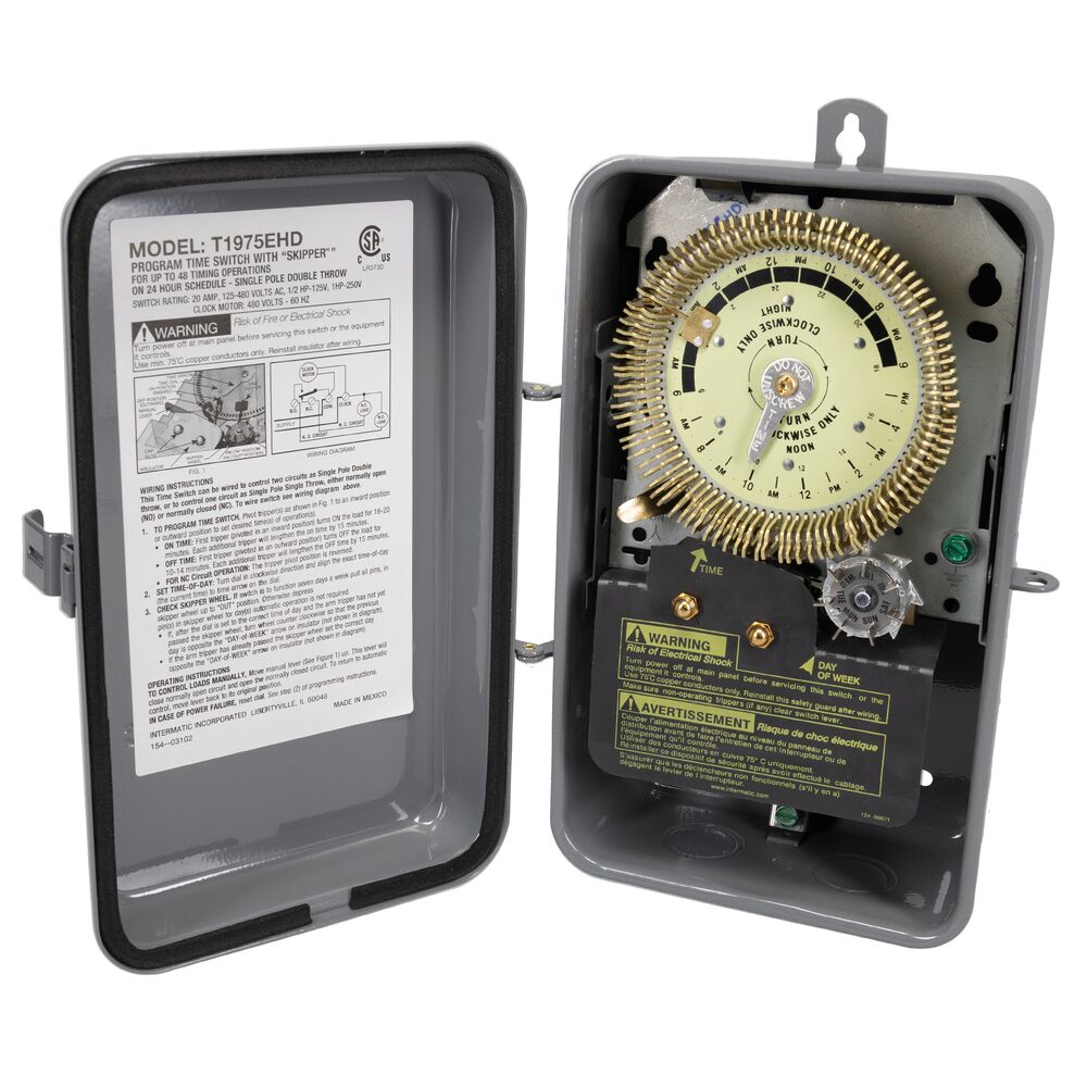 24-Hour Heavy-Duty Metal Dial Mechanical Time Switch with Skip-a-Day, 480 VAC, 60Hz, SPDT, Indoor Metal Enclosure, 15 Minute Interval