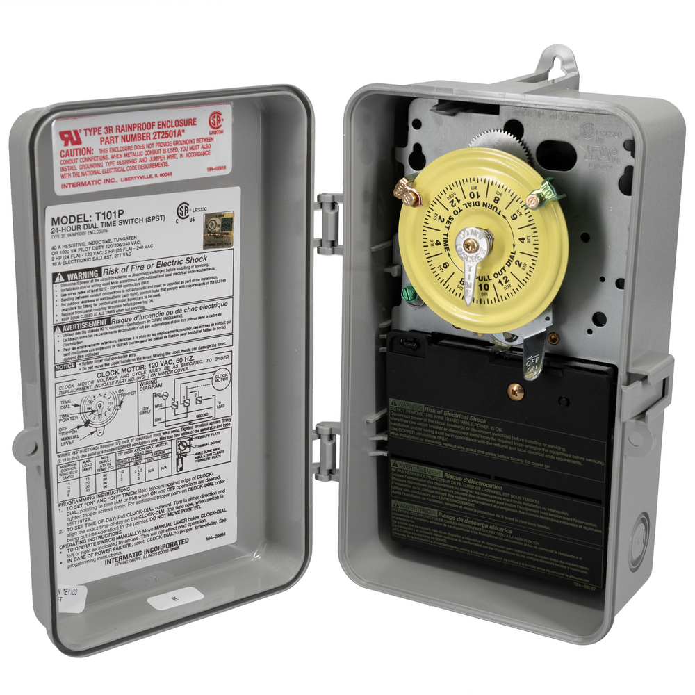 24-Hour Mechanical Time Switch, 120 VAC, 60Hz, SPST, Indoor/Outdoor Plastic Enclosure, 1 Hour Interval