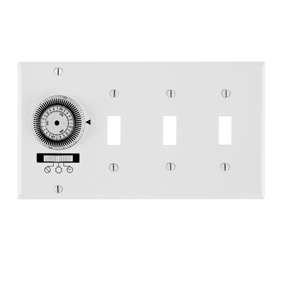 24-Hour Heavy-Duty Mechanical In-Wall Timer, Timer and Toggle Switch, 120 VAC, 20A, SPST, 4 Gang, White