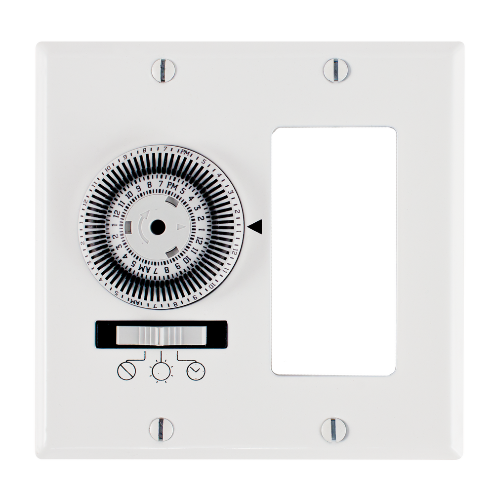 24-Hour Heavy-Duty Mechanical In-Wall Timer, Timer and Decorator Switch, 120 VAC, 20A, SPST, 2 Gang, White