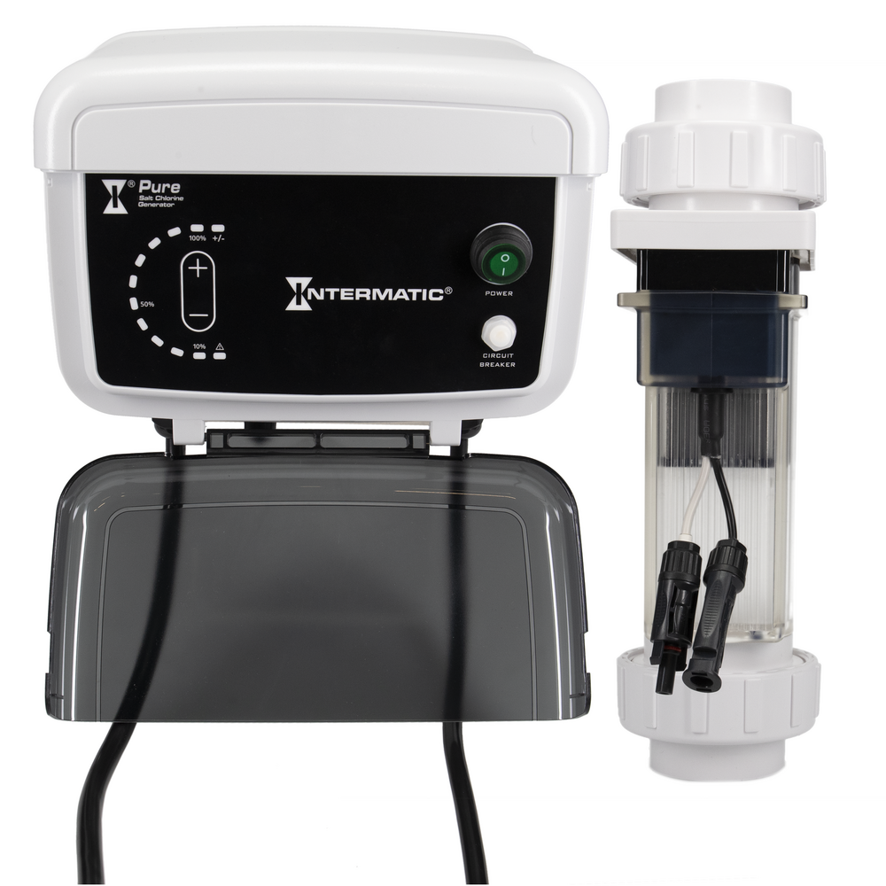 Salt chlorinator system (1.15 lbs/24 hr) includes power center, 25K cell, nuts/tails, flow switch, and acid cleaning kit
