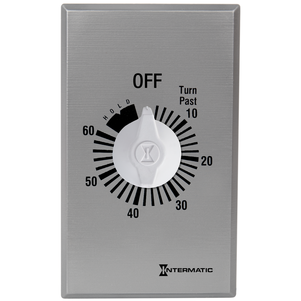 Spring Wound Countdown Timer, Commercial, 125-277 VAC, 50/60 Hz, SPST, 60 Minute Max, With Hold, Silver