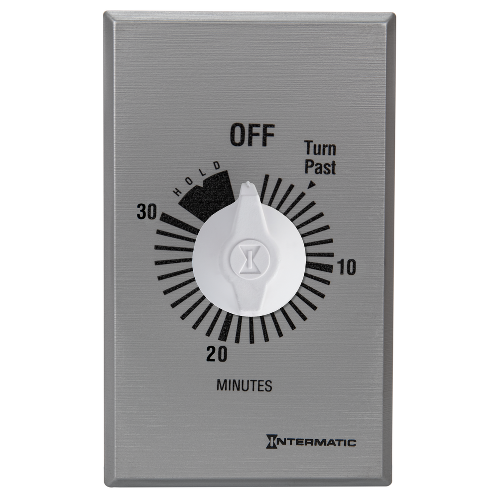 Spring Wound Countdown Timer, Commercial, 125-277 VAC, 50/60 Hz, SPST, 30 Minute Max, With Hold, Silver