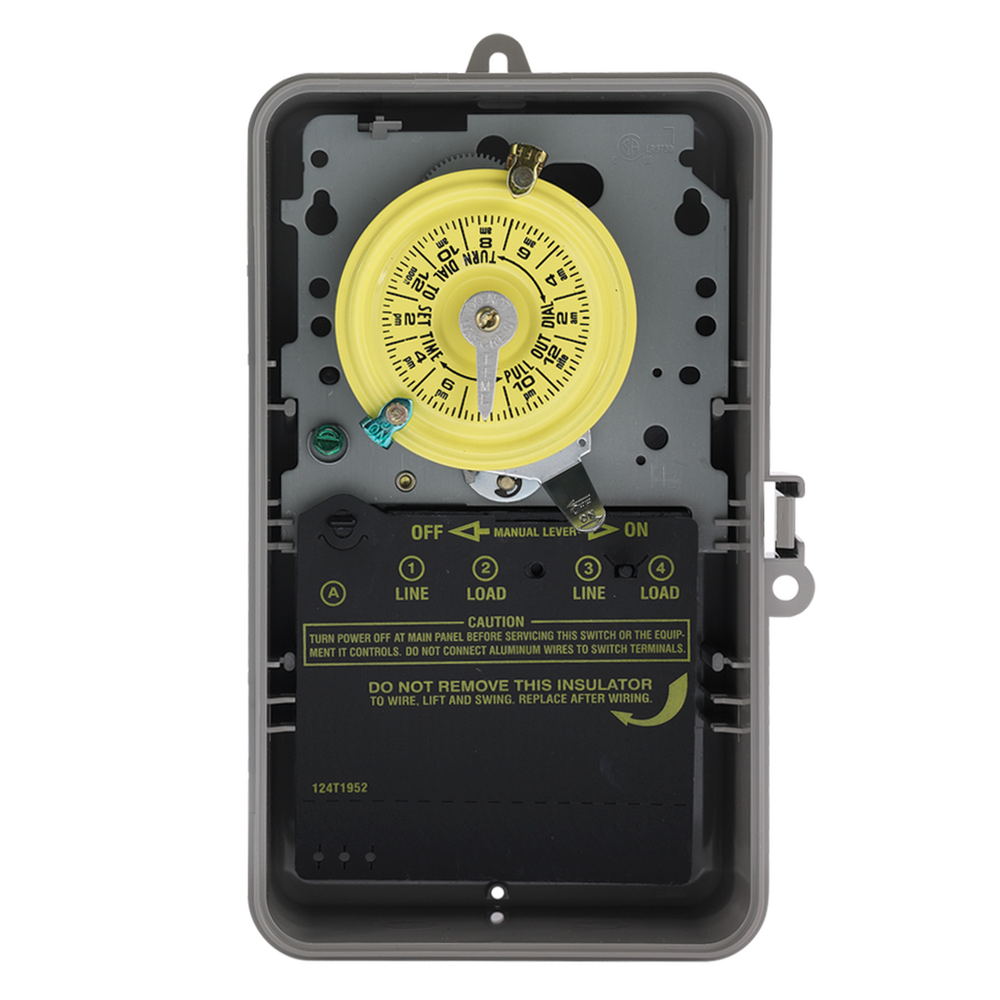 24-Hour Mechanical Time Switch, 120 VAC, 60Hz, DPST, Indoor/Outdoor Plastic with See-Through Door Enclosure, 1 Hour Interval