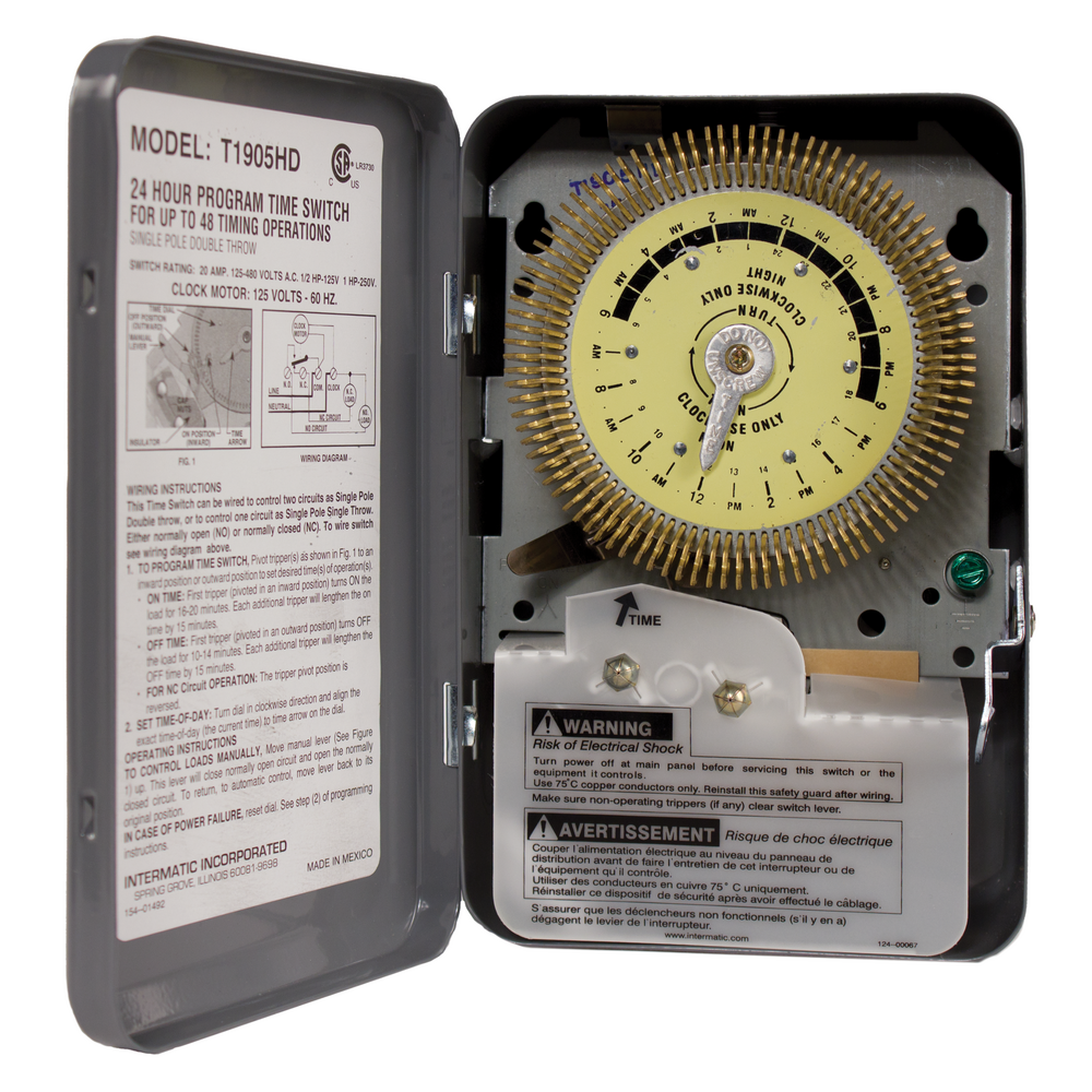24-Hour Heavy-Duty Metal Dial Mechanical Time Switch, 125 VAC, 60Hz, SPDT, Indoor Metal Enclosure, 15 Minute Interval