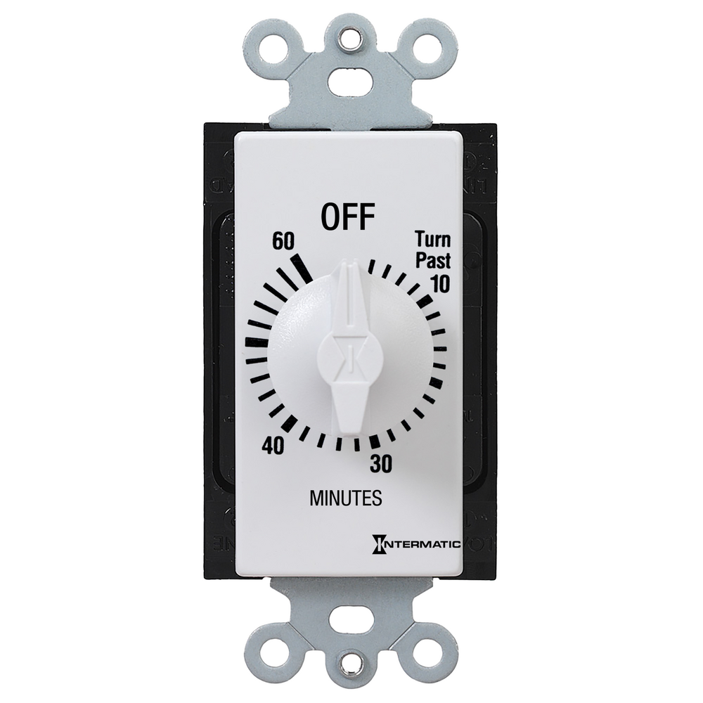 Spring Wound Countdown Timer, Decorator Style, 125-277 VAC, 50/60 Hz, DPST, 60 Minute Max, Without Hold, White