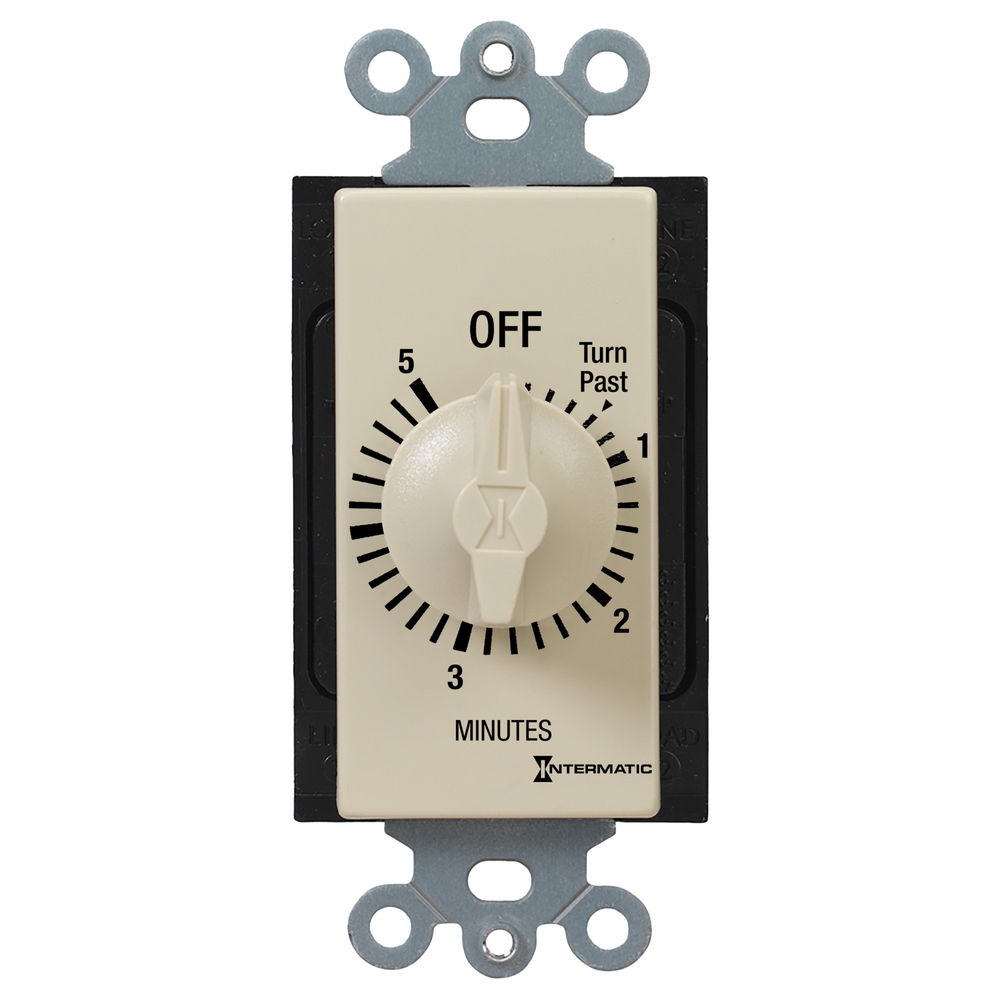 Spring Wound Countdown Timer, Decorator Style, 125-277 VAC, 50/60 Hz, SPST, 5 Minute Max, Without Hold, Ivory