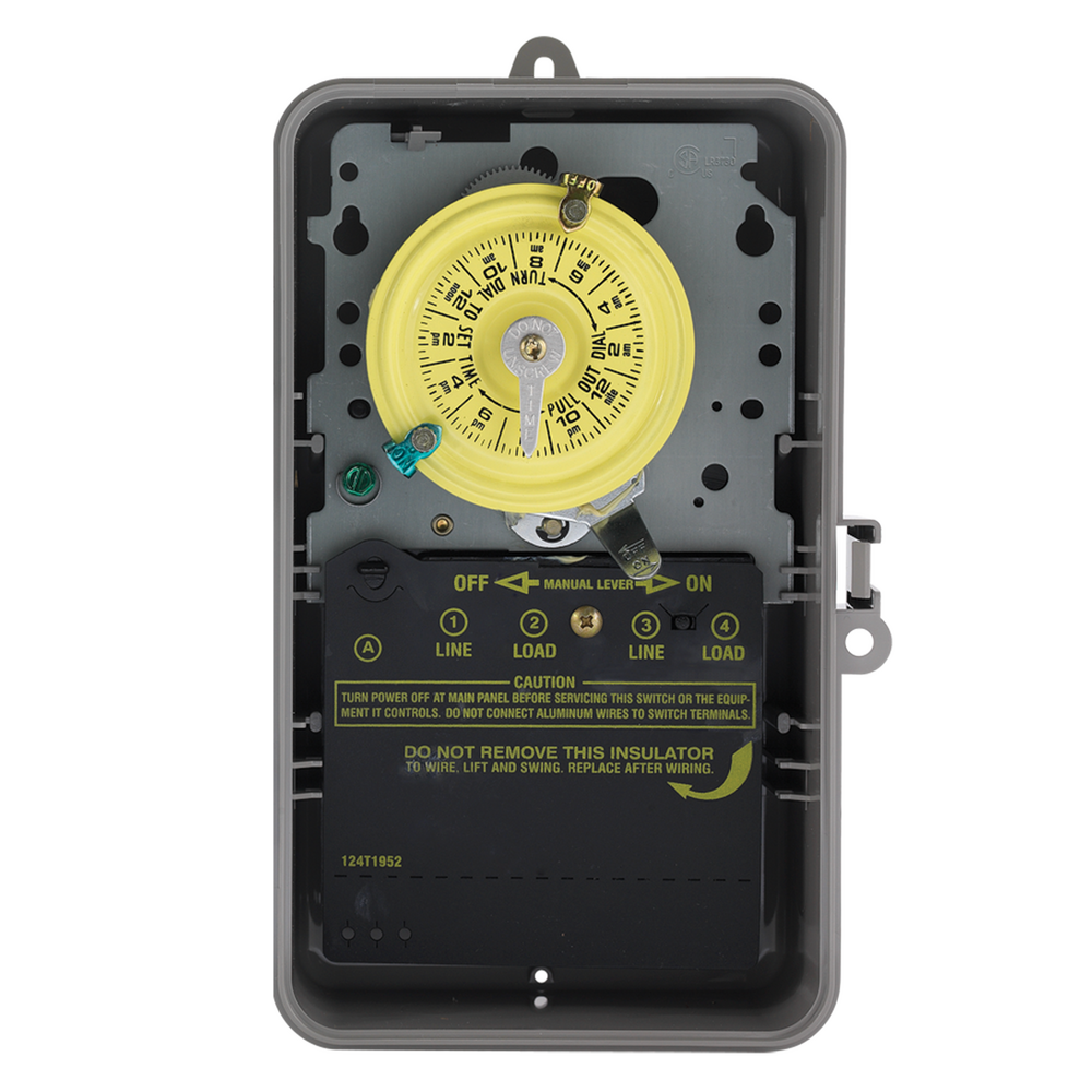 24-Hour Mechanical Time Switch, 120 VAC, 60Hz, SPST, Indoor/Outdoor Plastic with See-Through Door Enclosure, 1 Hour Interval