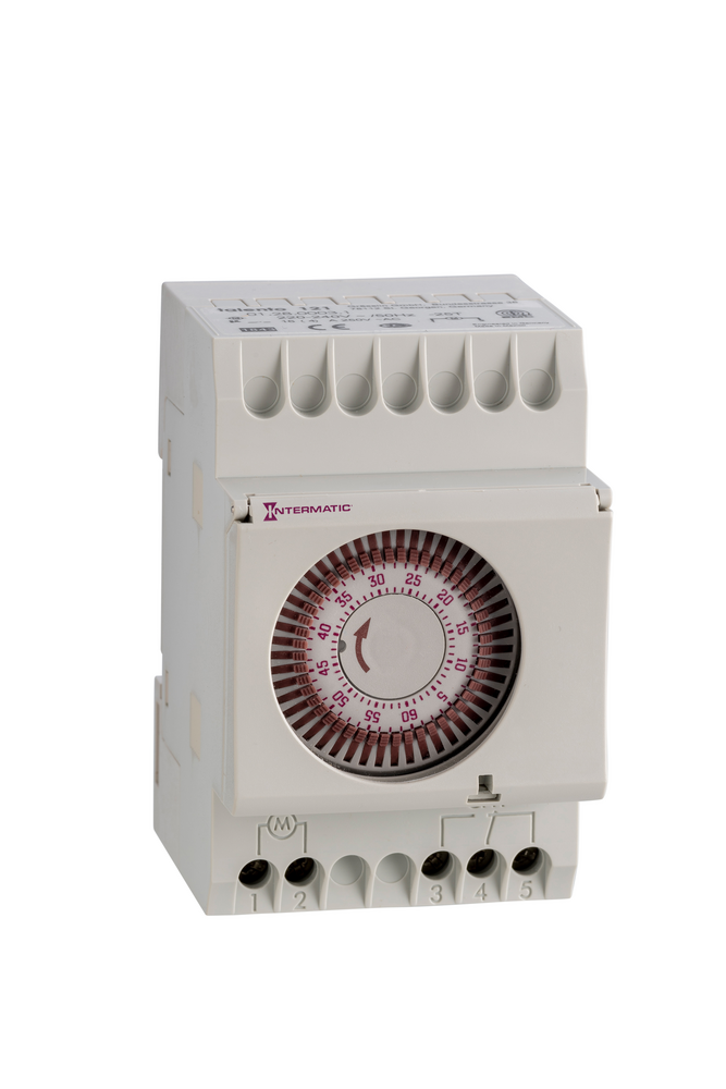 Electromechanical Synchronous clock, 60 min, 220-240 VAC, 50 Hz, DIN Mount Timer Module with Manual Override, 1.25 Minute Intervals, 21 A, SPDT - THE 121 180