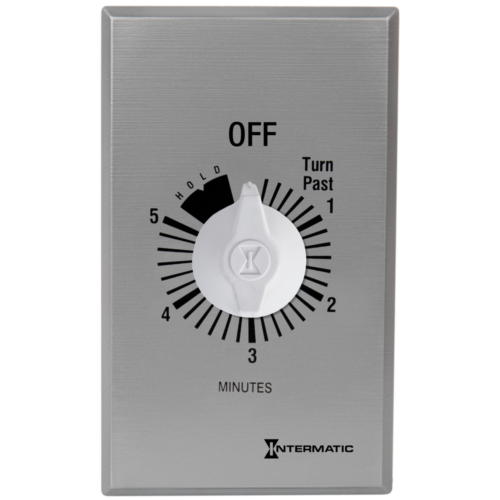 Spring Wound Countdown Timer, Commercial, 125-277 VAC, 50/60 Hz, SPST, 5 Minute Max, With Hold, Silver