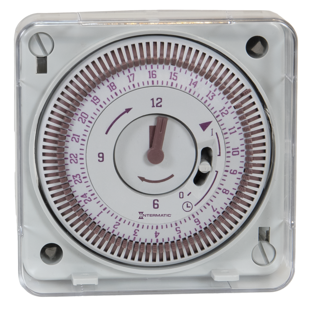 Electromechanical Synchronous Clock, 24-Hour, 220-240 VAC, 60 Hz, Surface Mount Timer Module with Manual Override, 15 Minute Intervals, 16 A, SPDT, Gray Housing - TCC 111.2 181