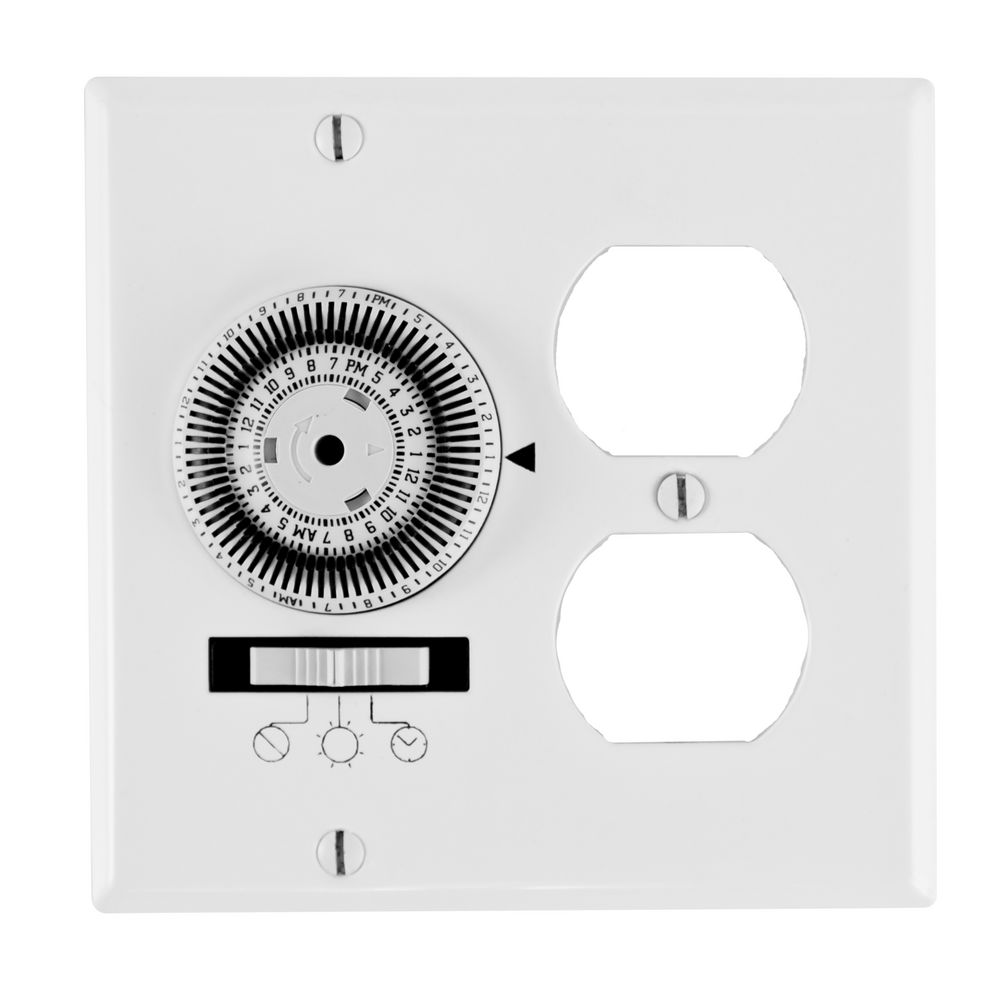 24-Hour Heavy-Duty Mechanical In-Wall Timer, Timer and Receptacle, 120 VAC, 20A, SPST, 2-Gang, White