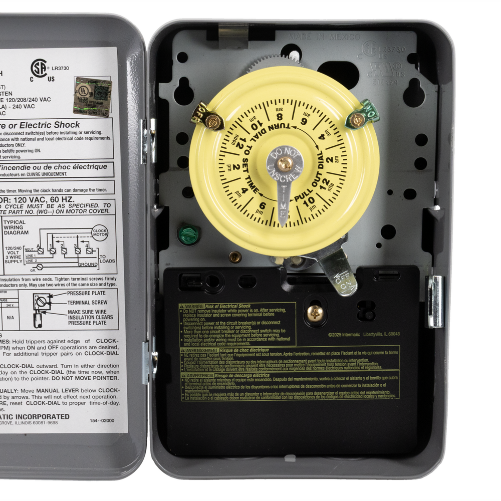 24-Hour Mechanical Time Switch, 120 VAC, 60Hz, 1 NO/1 NC, SPDT, Indoor Metal Enclosure, 1 Hour Interval