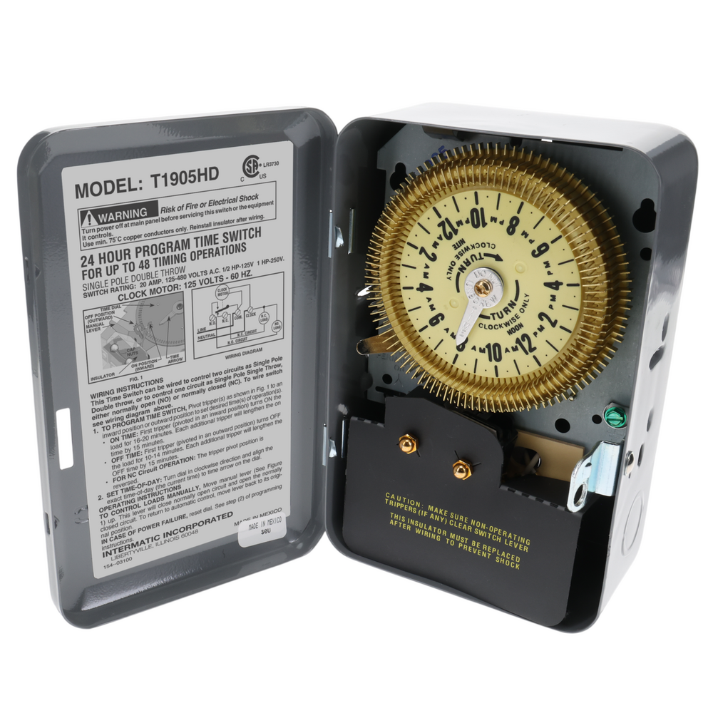 24-Hour Heavy-Duty Metal Dial Mechanical Time Switch, 125 VAC, 60Hz, SPDT, Indoor Metal Enclosure, 15 Minute Interval